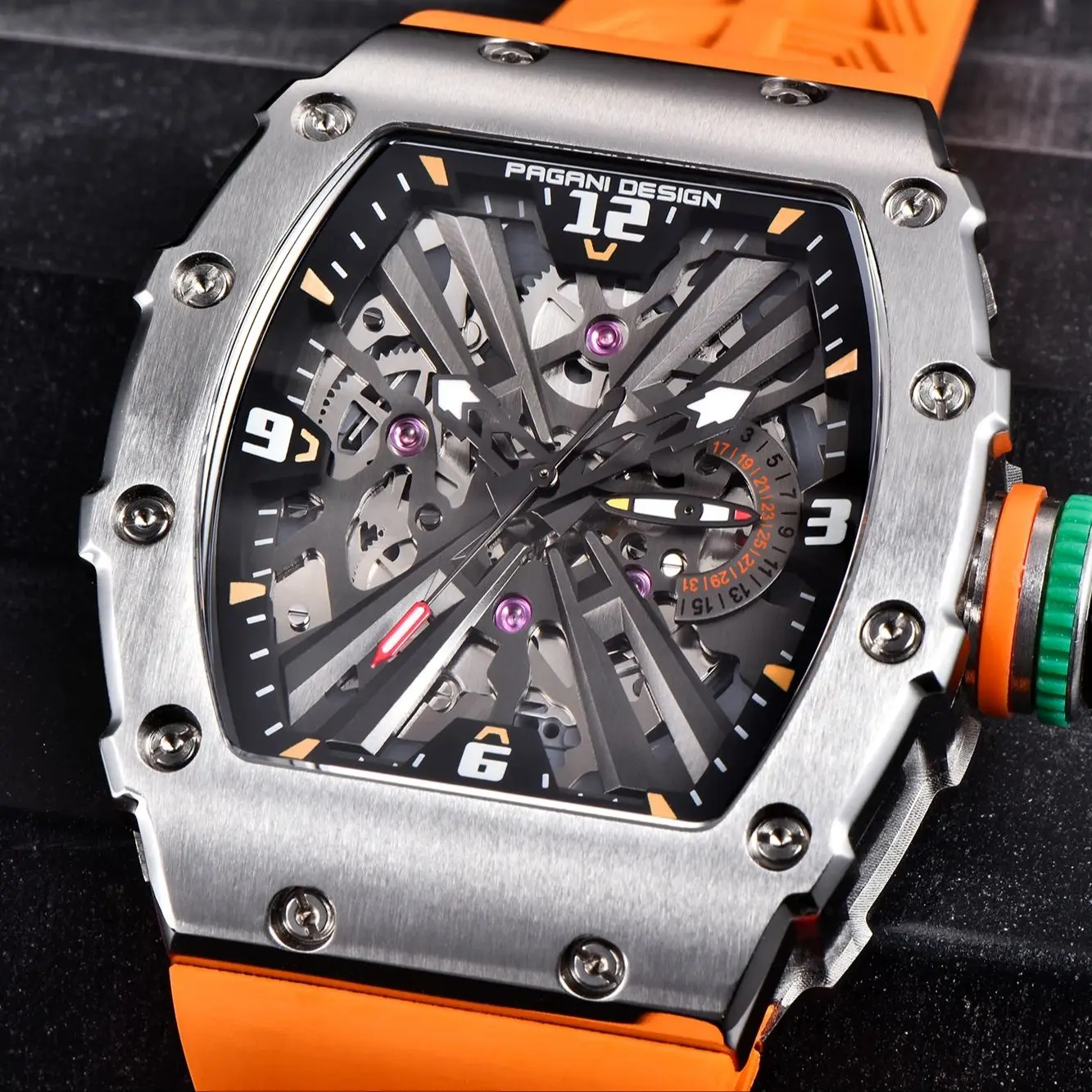 Pagani Design Men's Skeleton Watch Japan VH65 Quartz Rubber Strap Synthetic Sapphire Glass Tonneau Sport man Watch PD1738 - view 4