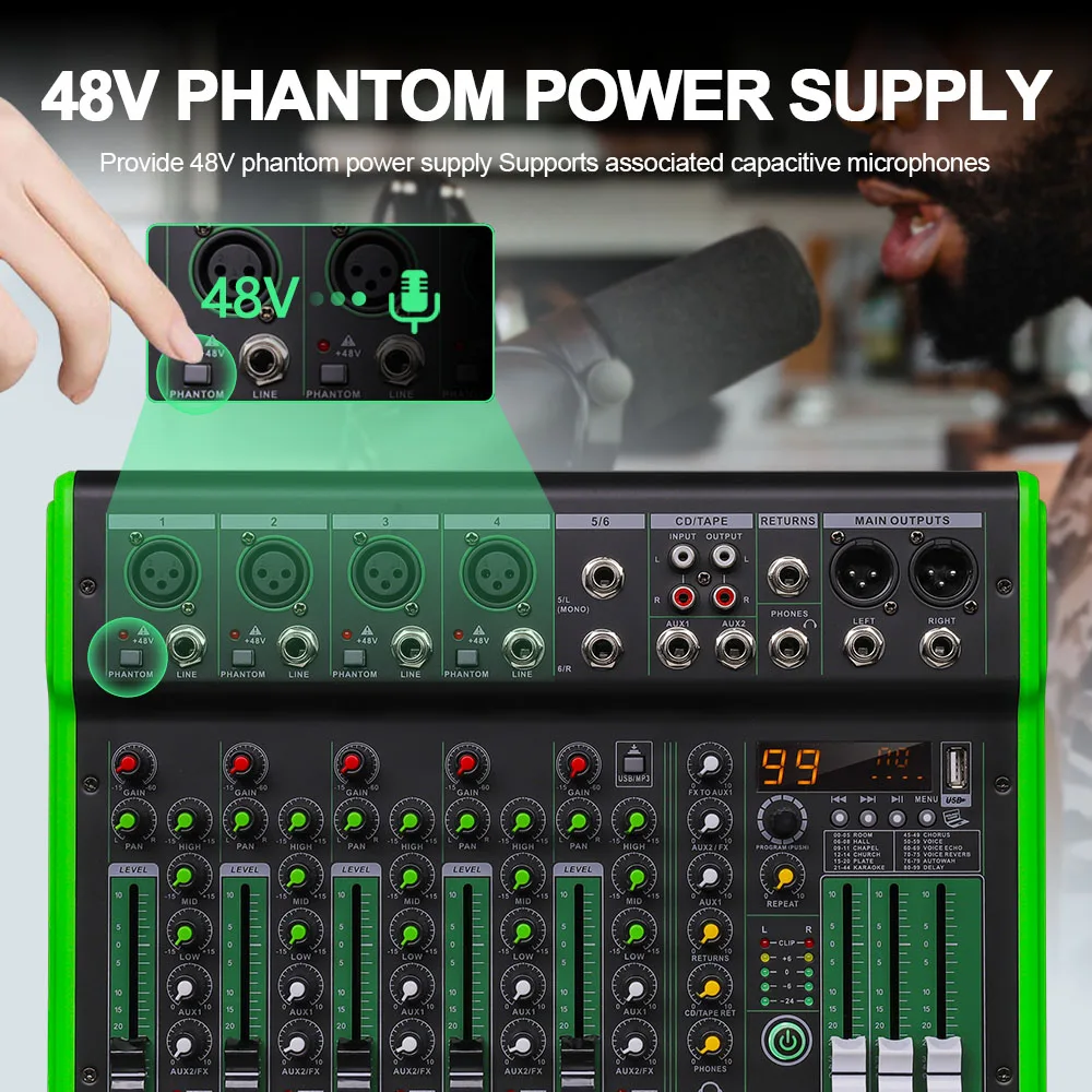 DGNOG BL-06FX 6-канальный аудиомикшер с эффектом 99DSP, 48 В, фантомное питание, Bluetooth, USB, DJ-консоль, караоке-микшер для сцены и студии