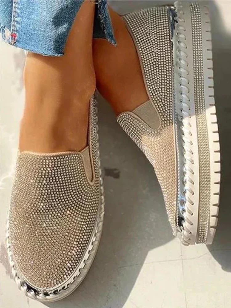 Ladies Flat Sequined Sneakers Casual Women\'s Mesh Lace-up Fine Diamond Sequins Thick-soled Comfortable Vulcanized Shoes