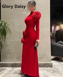 Red Mermaid Evening Dresses with Slit Hand Flowers Saudi Arabia Long Sleeve Crepe Elegant Prom Dresses Wedding Party Gowns 2024