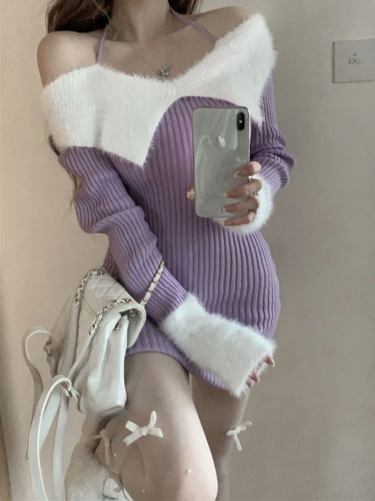 Women Off Shoulder Long Sleeve Knitted Dress Elegant Slim Bodycon Sexy Fall Winter Warm Layering Pullover Dresses