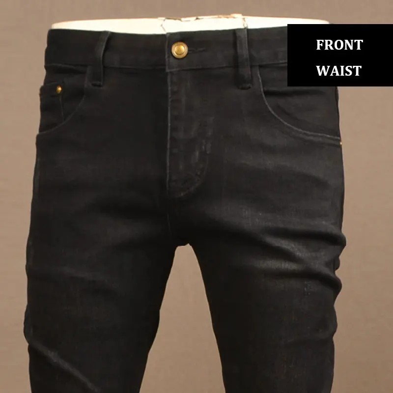 Jeans rasgado preto elástico para homens, calça lápis, jeans elástico, designer vintage, hip hop, moda de rua