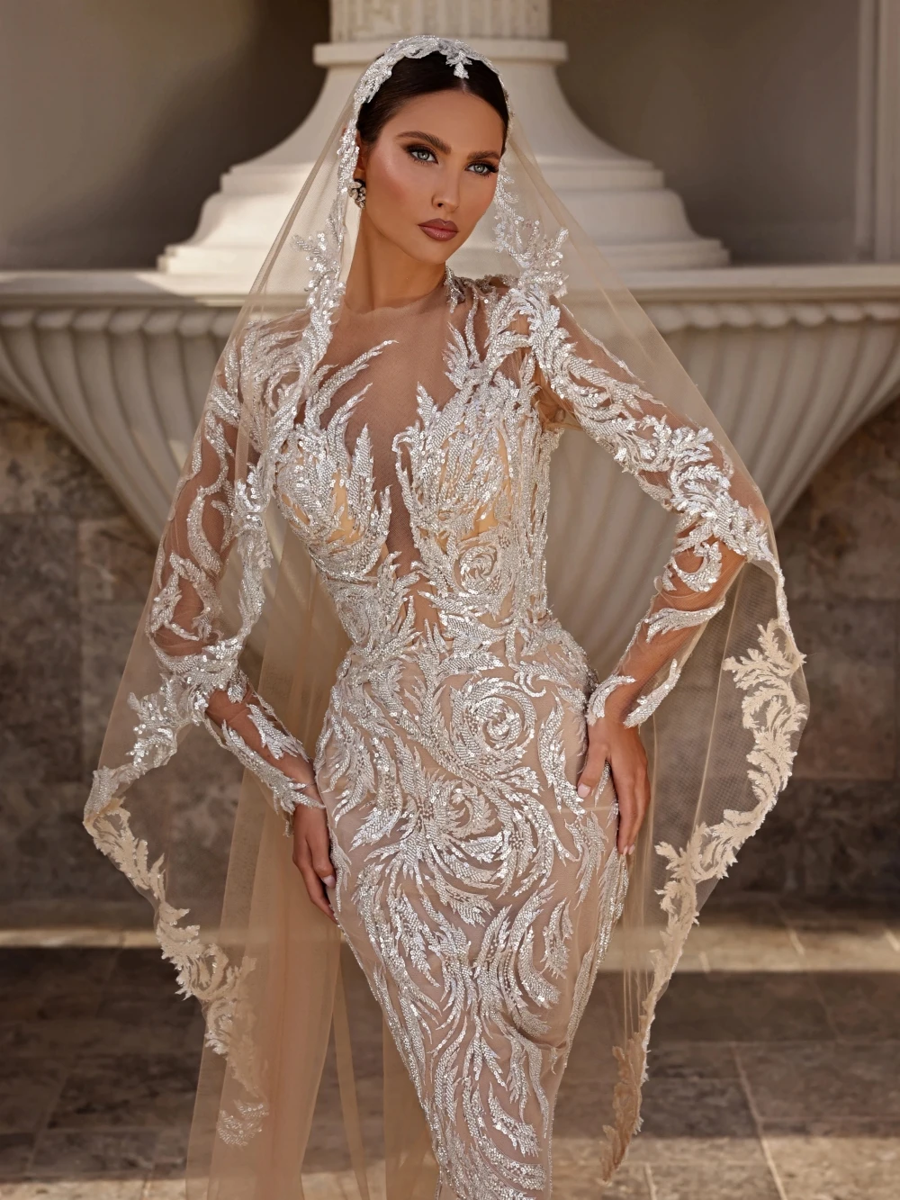 Champagne Embroidery Beaded Lace Wedding Dress Detachable Train Exquisite Long Sleeve Bridal Gown Customized Dresses For Bride