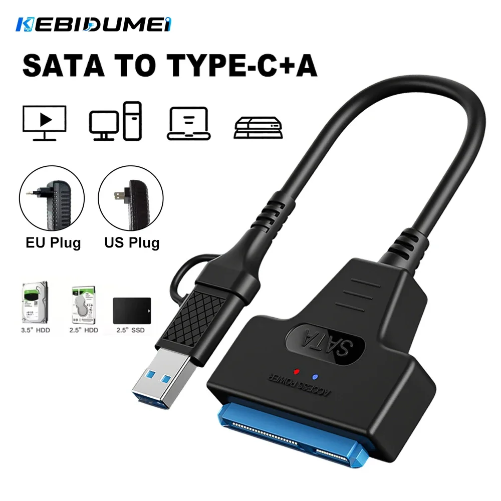 Kebidumei SATA zu USB3.0 Typ C Adapterkabel SATA III Festplatten-Konverter mit 12V Netzteil für 3,5/2,5 Zoll SSD HDD