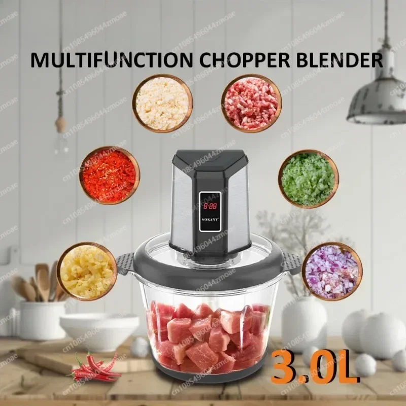 

06023 Meat grinder, 3L, transparent glass bowl cooking machine, intelligent timing, vegetable and meat grinder