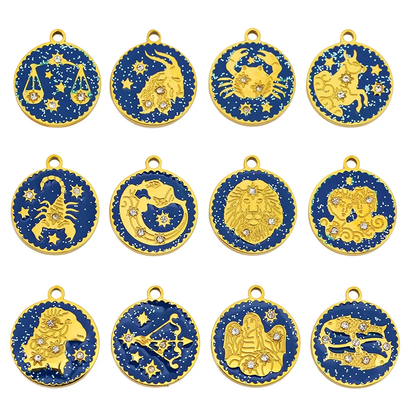 

2-5pcs Stainless Steel Vintage Enamel Zircon Zodiac Charms 12 Constellations Pendant for Women Earring Necklace Jewelry Making