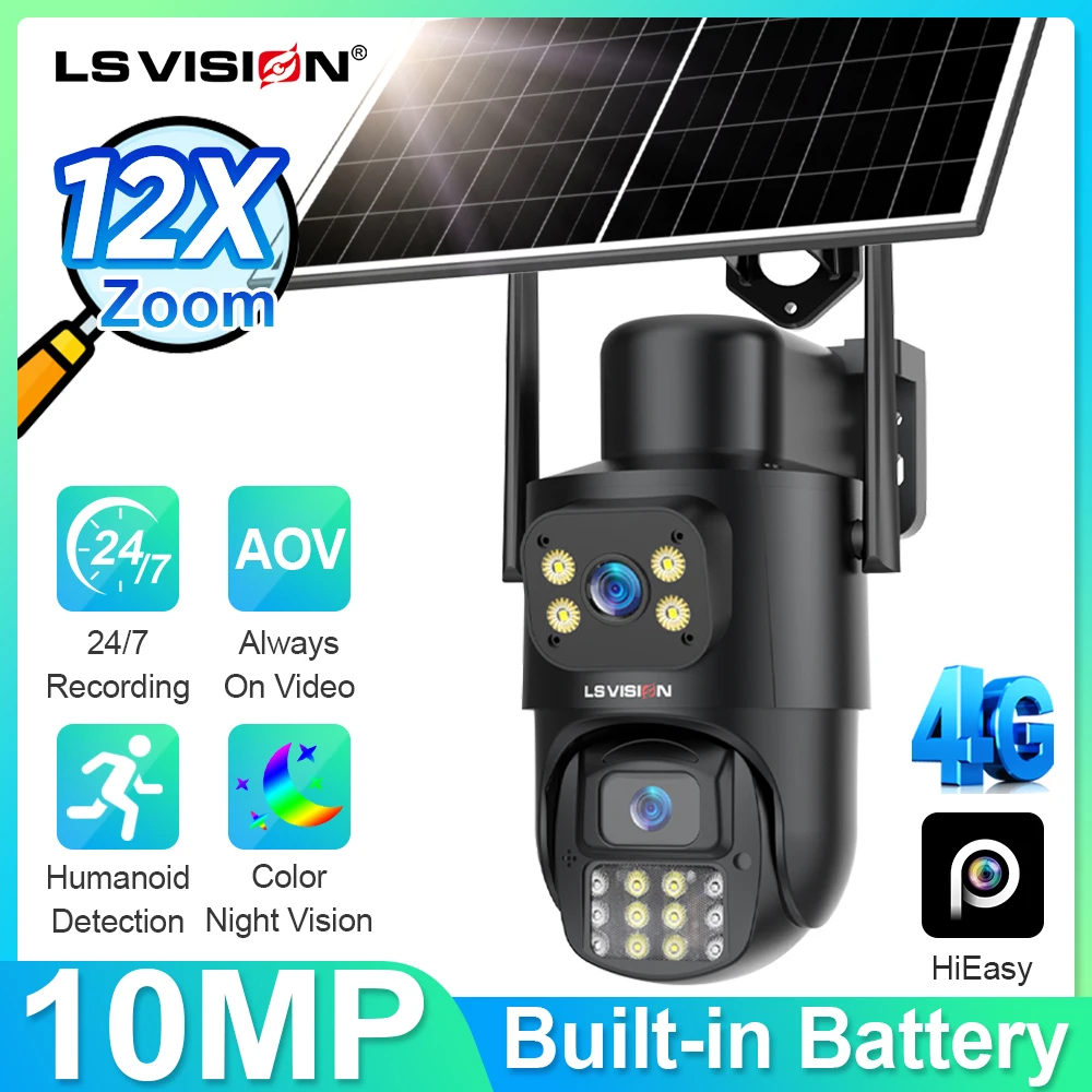 LS VISION 4K Dual-lens 2-Screen  12X Auto-Tracking Zoom Solar Powered AOV 4G Camera Outdoor 24/7 Surveillance Record CloudSiM