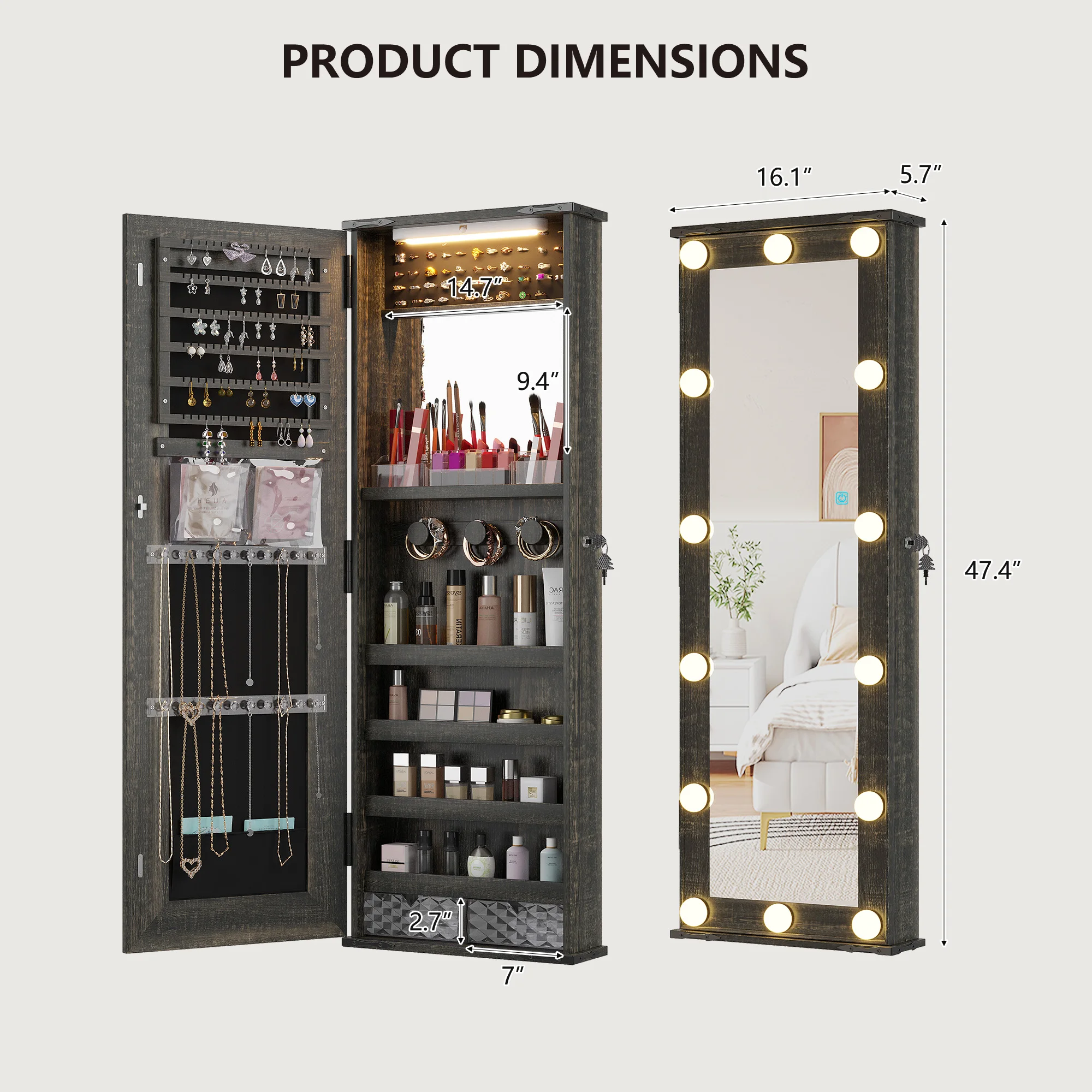 Farmhouse Jewelry Cabinet with LED 10 Light Bulbs,Tall Lockable Wall or Door Mounted Jewelry Armoire Organizer with Mirror