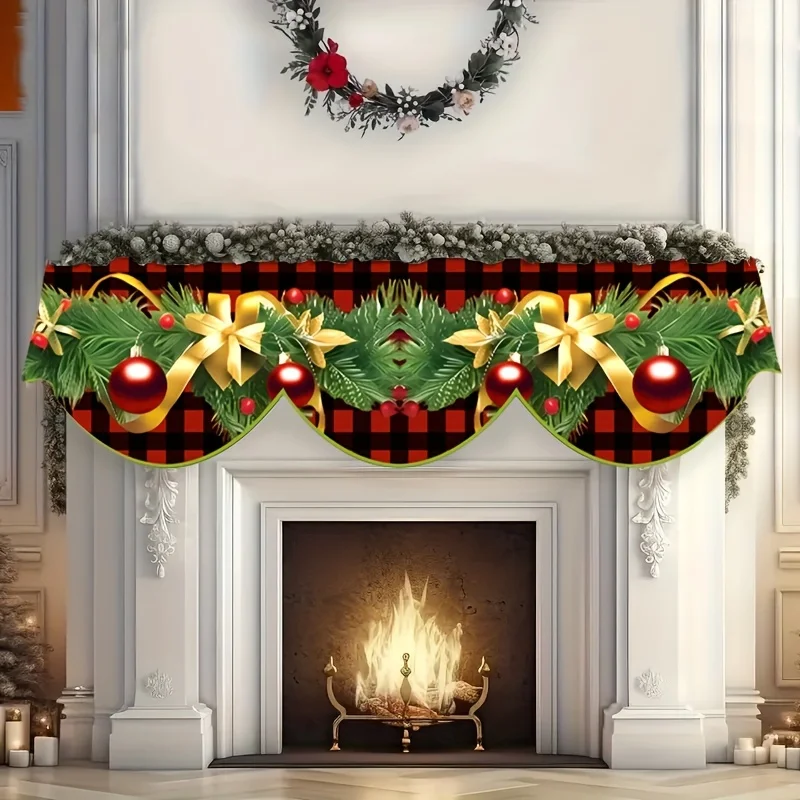 VIKAMA Christmas Red Black Plaid Xmas Ball Pine Branch Fireplace Mantel Scarf Fireplace Shelf Cover for Spooky Halloween Fall