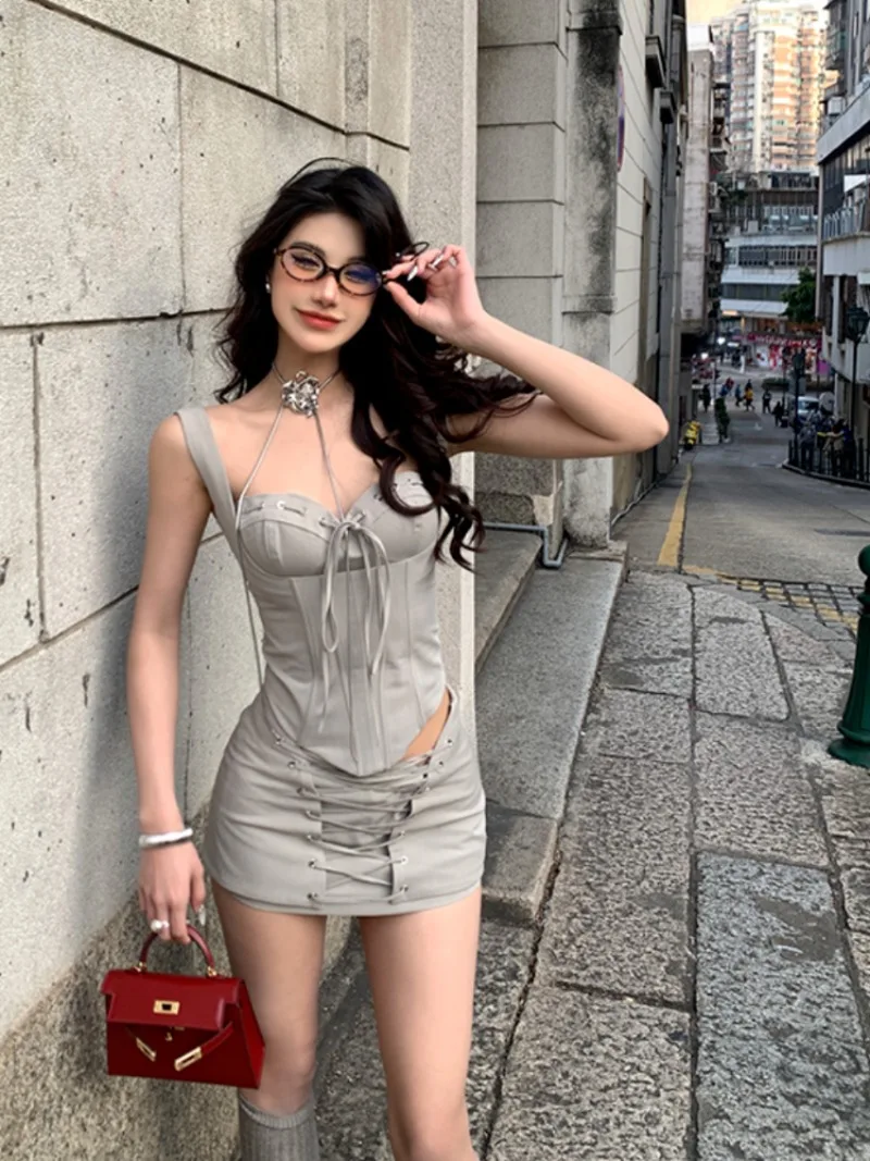 Spicy Girl Lace Up Sling Top Low Waist Skirt Two Piece Set Women Collarbone Sleeveless Solid Slim Summer Fashion Chic Sweet Suit