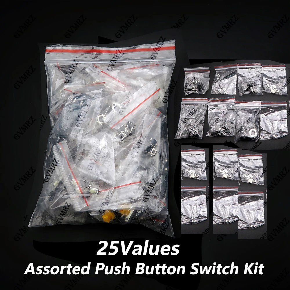 125PCS 25Values Assorted Push Button Switch Kit Multiple Types in Separated Bags for Device Repair & Electronic DIY Projects 25