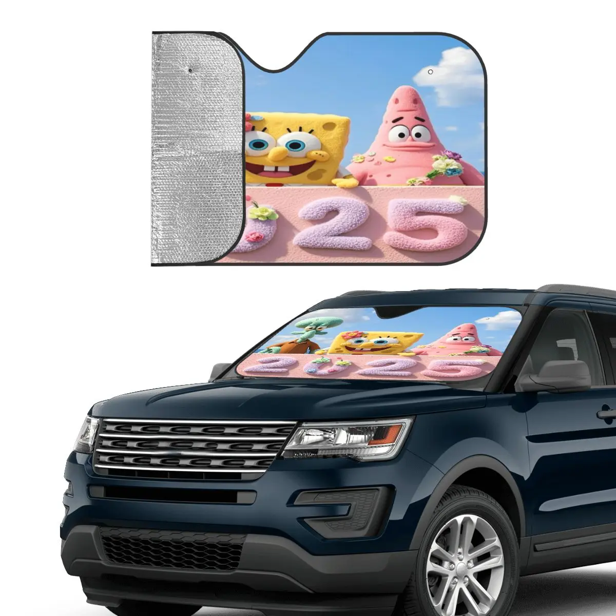 SpongeBobed Cartoon Anime 2025 Novelty Sunshade Windscreen 76x140cm Aluminium Foil Car Sunshade Heat Reflector