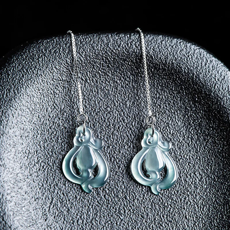 Original Natural A-grade Jade Blue Water Orchid Earline S925 Silver Inlaid Ice Seed Jadeite Personalized Women's Eardrop Jewelry