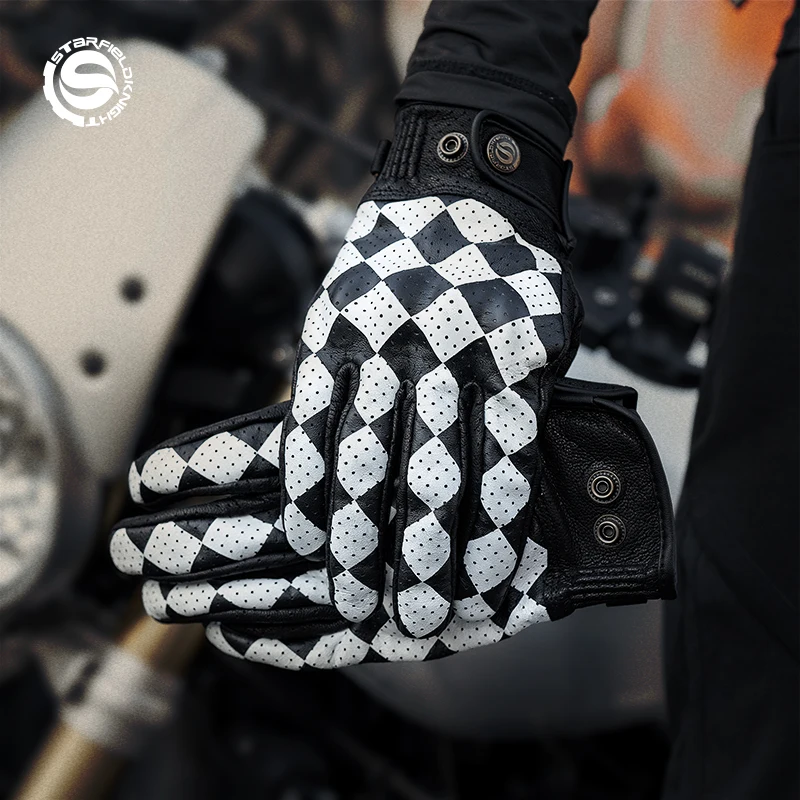 SFK Black&White Retro Leather Motorcycle Gloves Chessboard Design Full Finger Outdoor Breathable Motocross Riding Race Guantes