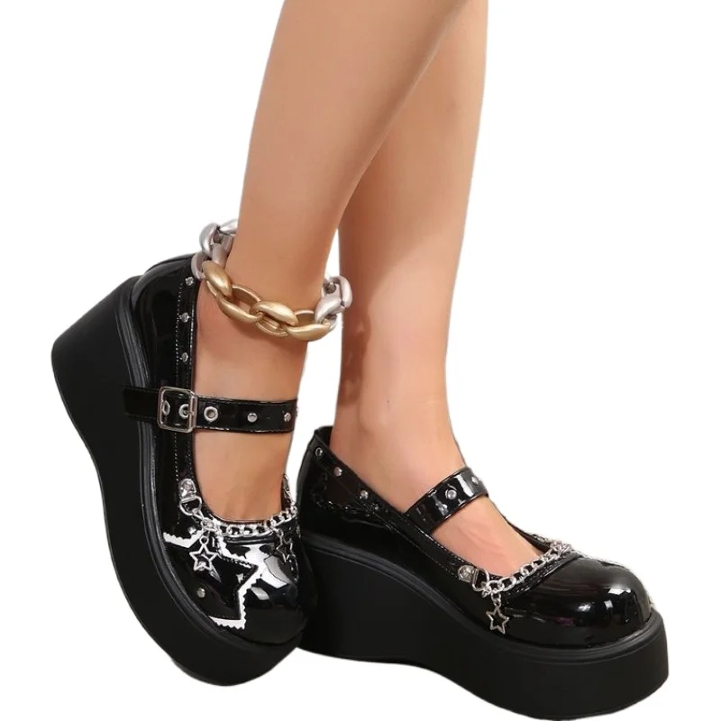 Fashion Zipper Chunky Platform Mary Janes Women 2024 Round Toe Buckle Wedge Pumps Woman Patent Leather Y2K Punk Gothic Shoes