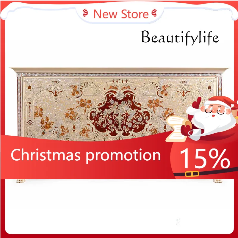 

French Shell Inlaid Craft Solid Wood Dining Side Cabinet Carved Entrance Cabinet European Decorative Foyer Cabinet X