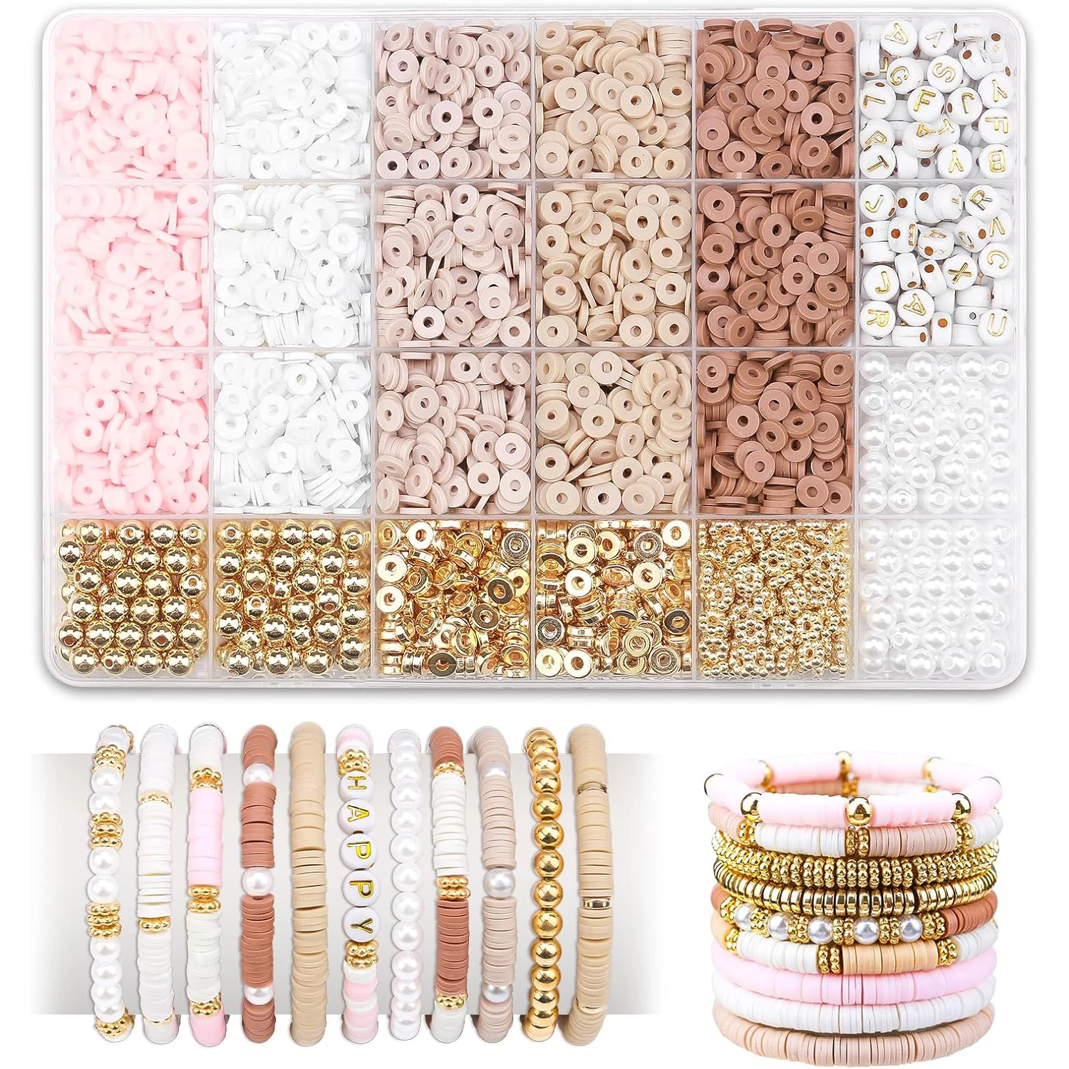 2370pcs Pink Polymer Clay Beading Kit with Clay Beads, Elastic Thread, Bohemian DIY Charm Bracelet Kit for Birthday DIY Making