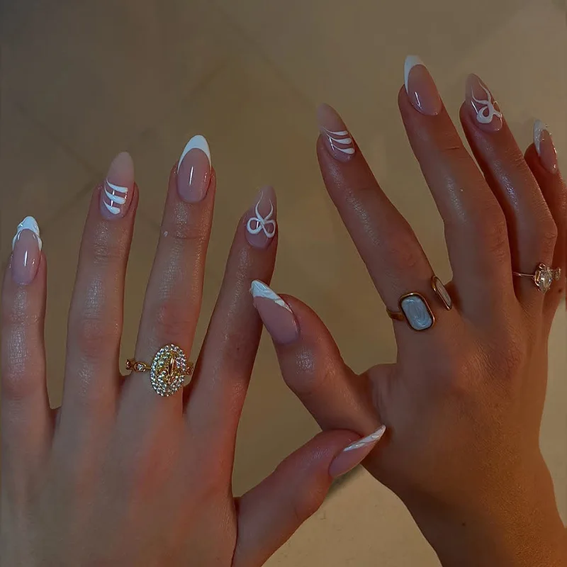 

24Pcs Mid-length Almond Fake Nails with 3D Bow White Edge French Design Full Cover Nails Tips Art Wearable Press on False Nails