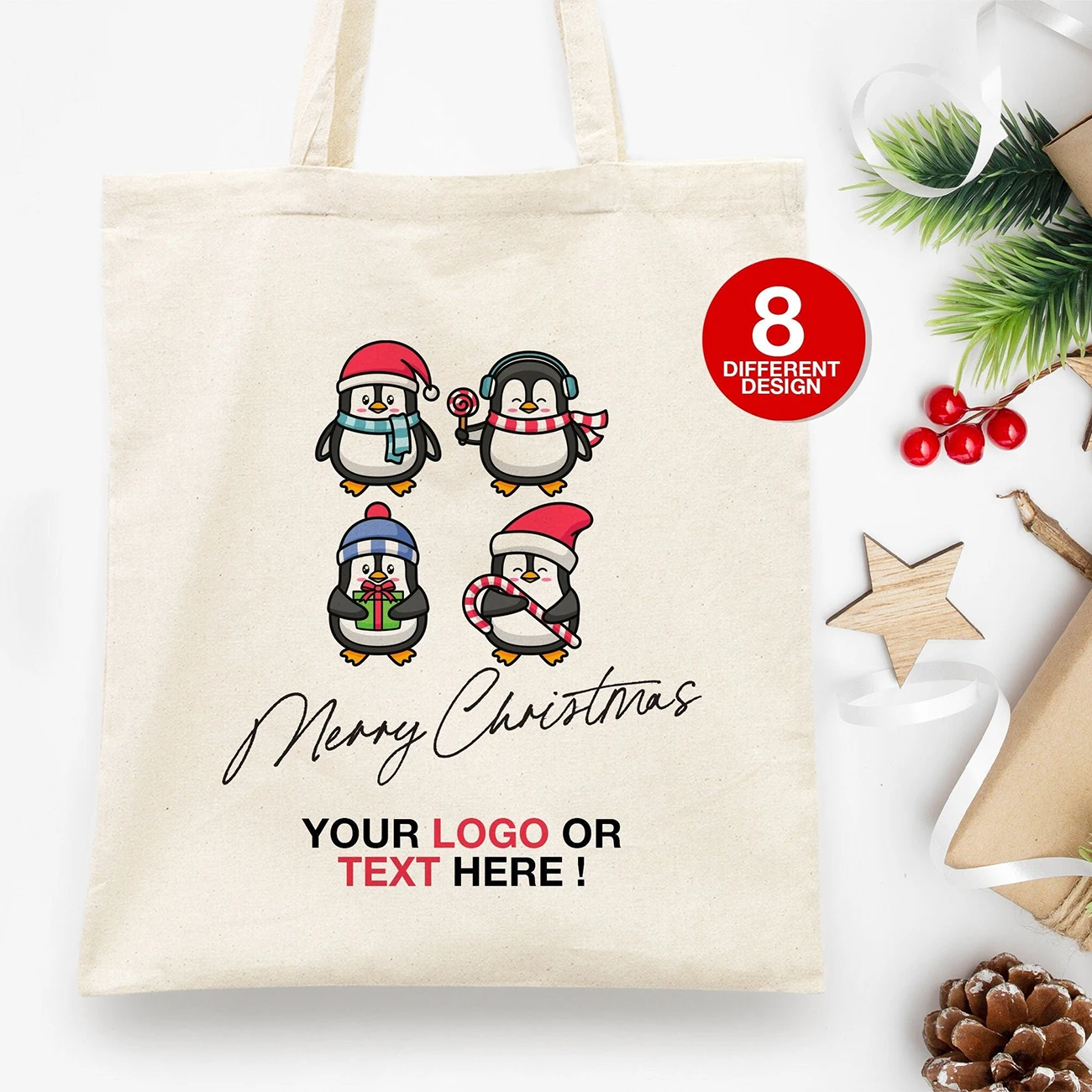 Custom Text Penguin Merry Christmas Canvas Tote Bag Personalized Reusable Shopping Handbag Holiday Gift Bag for Women.