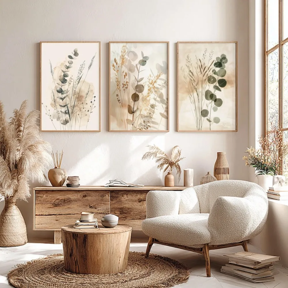 Frameless 3pcs Frameless Plant Wall Neutral Minimalist Prints Scandinavian Bedroom Decor Eucalyptus Triptych Bohemian Living Roo
