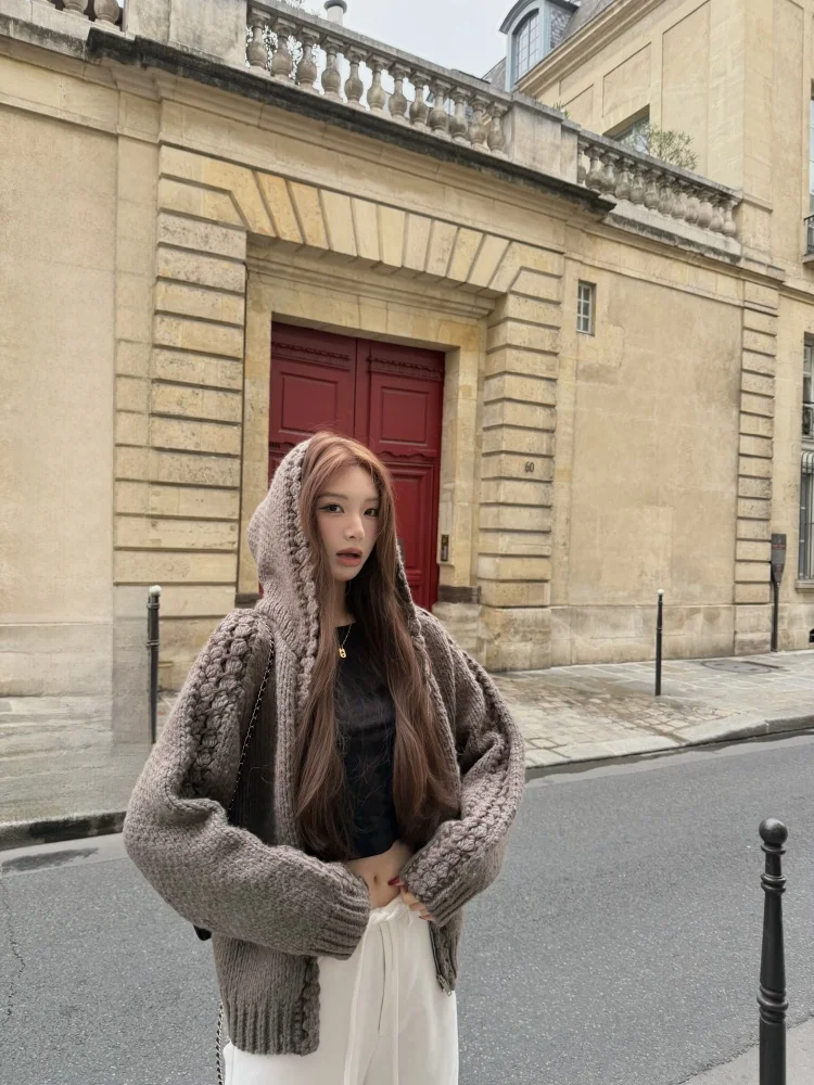 

Yangzifan Handmade Knitted Open Cardigan Women's Winter Heavy Design Sense Jaet Loose Fit Hooded Hand Crocheted Casual Sle