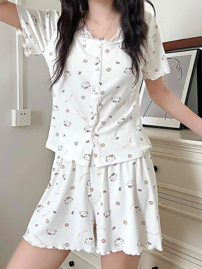 

Sanrio Short sleeve Round collar Lace Hello kittys pajamas summer Fresh Set sweet cute Stay at home Kawaii Light Breathable Girl