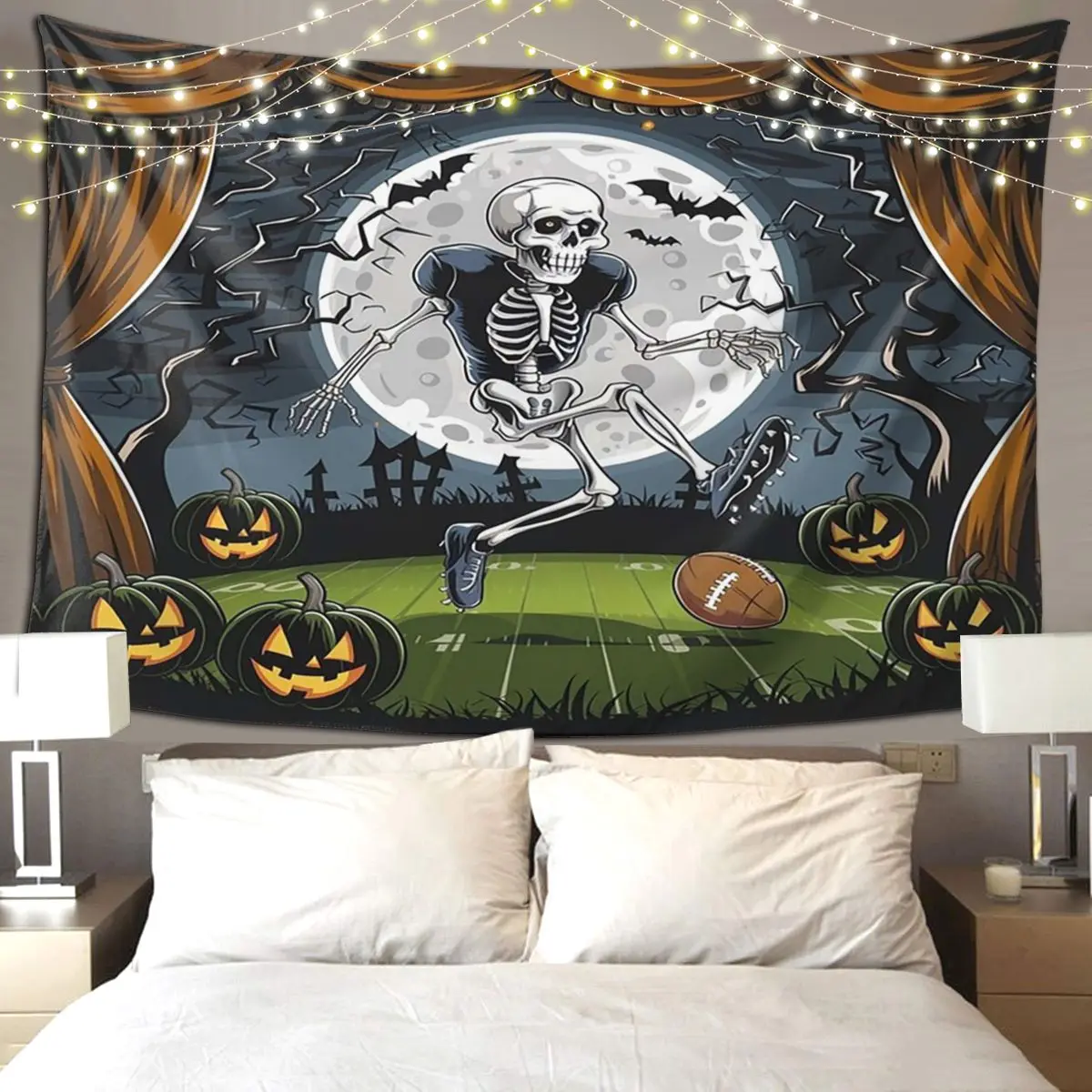 Halloween Skeleton With A Ball Tapestry Art Wall Hanging Aesthetic Home Decor Tapestries for Living Room Bedroom Dorm Room