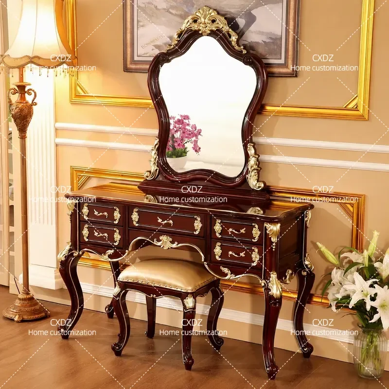 European Retro Solid Wood Dresser with Mirror American Country Style Light Luxury Bedroom Vanity Table Furniture