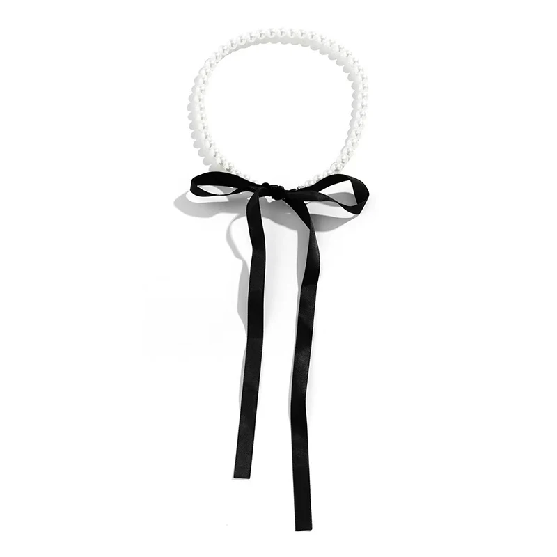 Elegant Black Velvet Ribbon Bowknot Choker Necklace for Women Wed Goth Imitation-Pearl Clavicle Chain Accessories