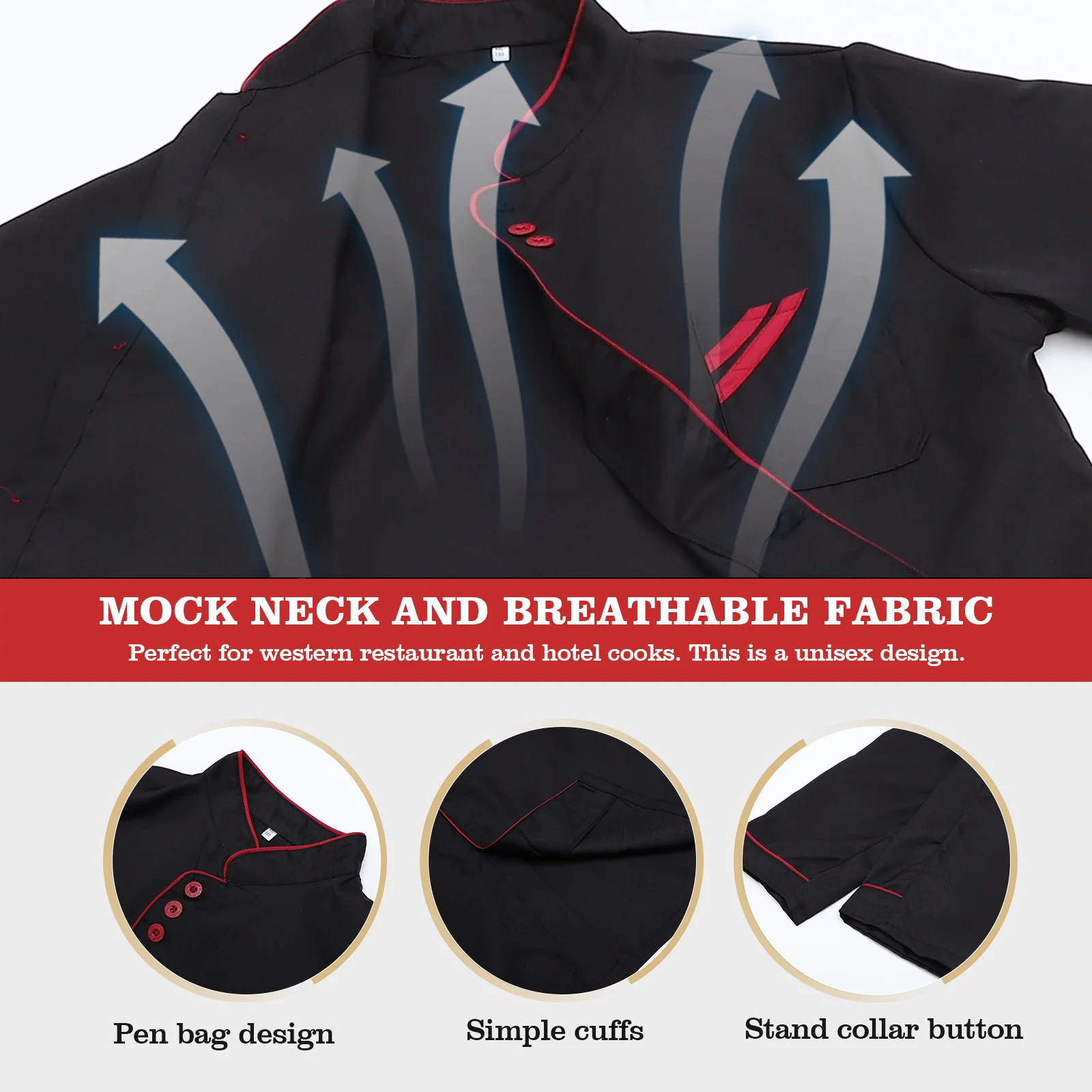 Koksjas met lange mouwen, unisex, slijtvast, oliebestendig, ademend keukenuniform voor restaurant, hotel, catering, personeel, werkkleding