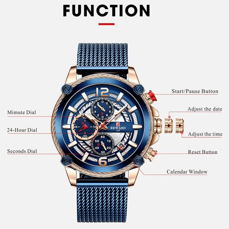 REWARD Mens Watches New Top Brand Luxury Casual Quartz Men Watch Sport Waterproof Full Steel Chronograph Man Military Clock