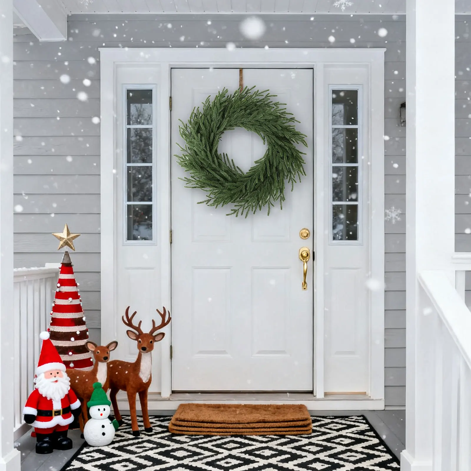 

24" Christmas Wreath 50 Battery-Operated LEDs, Mixed Ribbon & Bells, All-Weather PE for Outdoor Door Decor