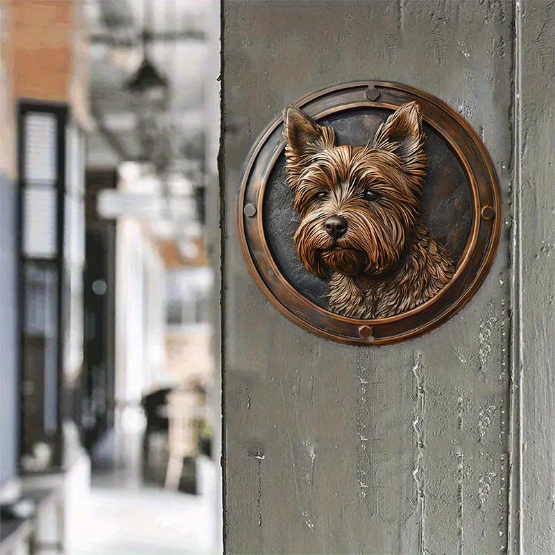 Aluminum Faux Embossing Painted Round Wreath Sign Bedroom Decoration Valentine's Day Gifts Yorkshire Terrier Themed Decoration