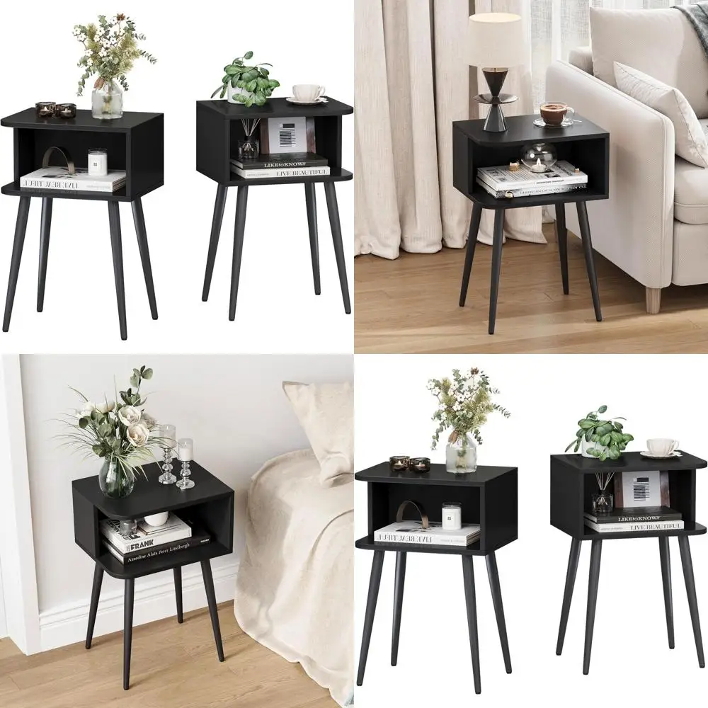 

Черная тумбочка, набор из 2 шт., небольшой прикроватный столик для небольших помещений, современный прикроватный столик середины века с открытым хранилищем, сид.