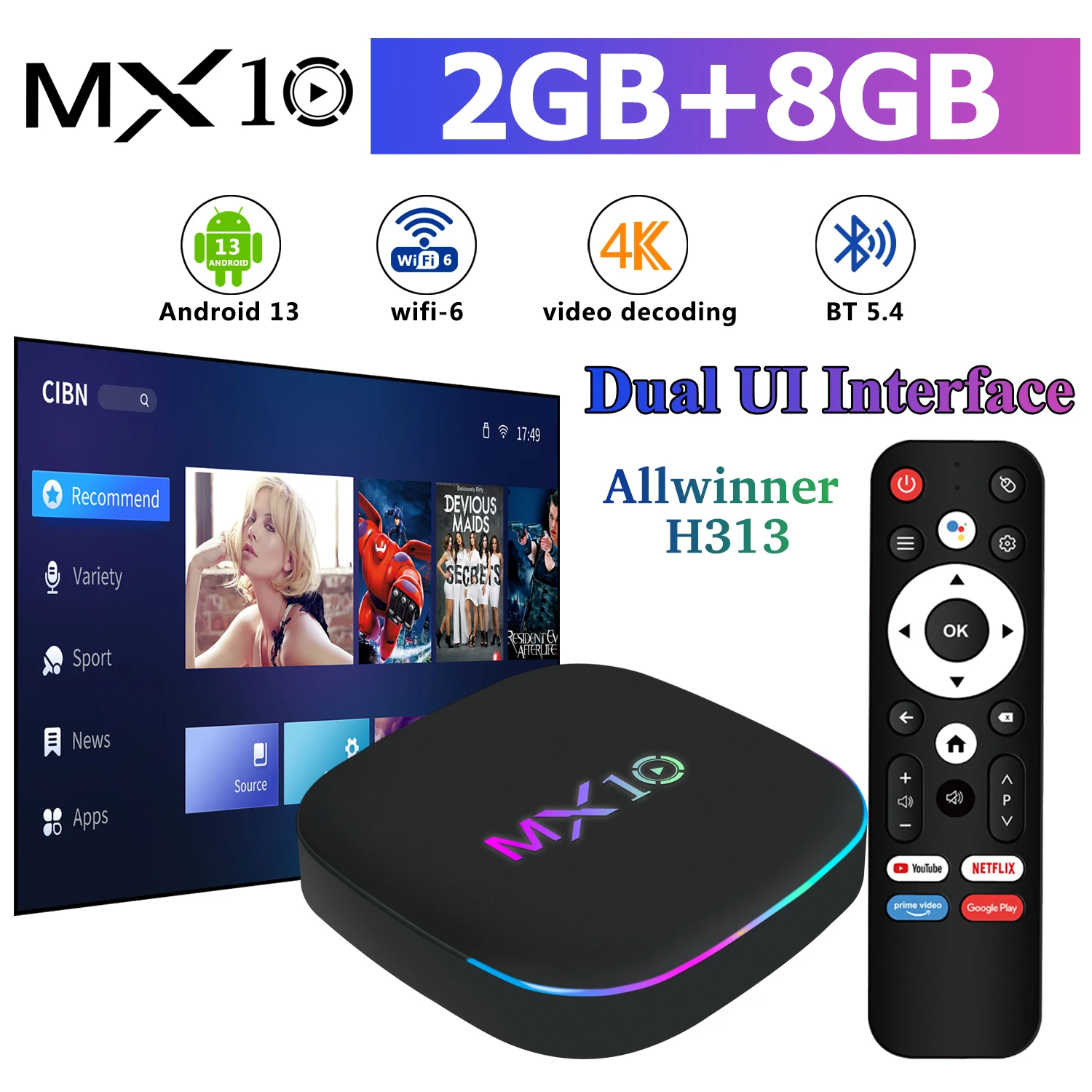 Powerful Android TV Box MX10 Mali G31 GPU Android 13 8GB 128GB Allwinner H313 WiFi6 BT5.4 Multi Language Smart Media Box