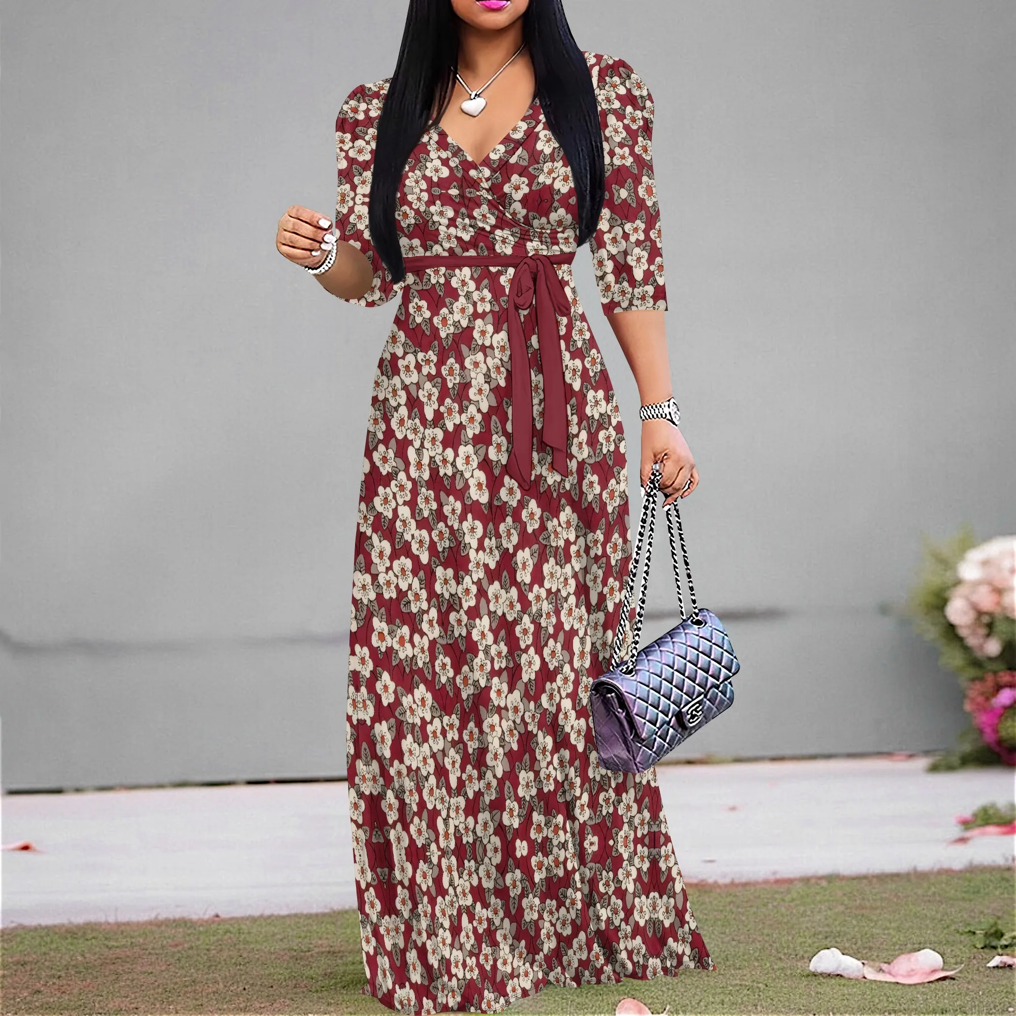 

Women's Floral V-Neck Wrap Maxi Dress Long Sleeve Spring Elegant
