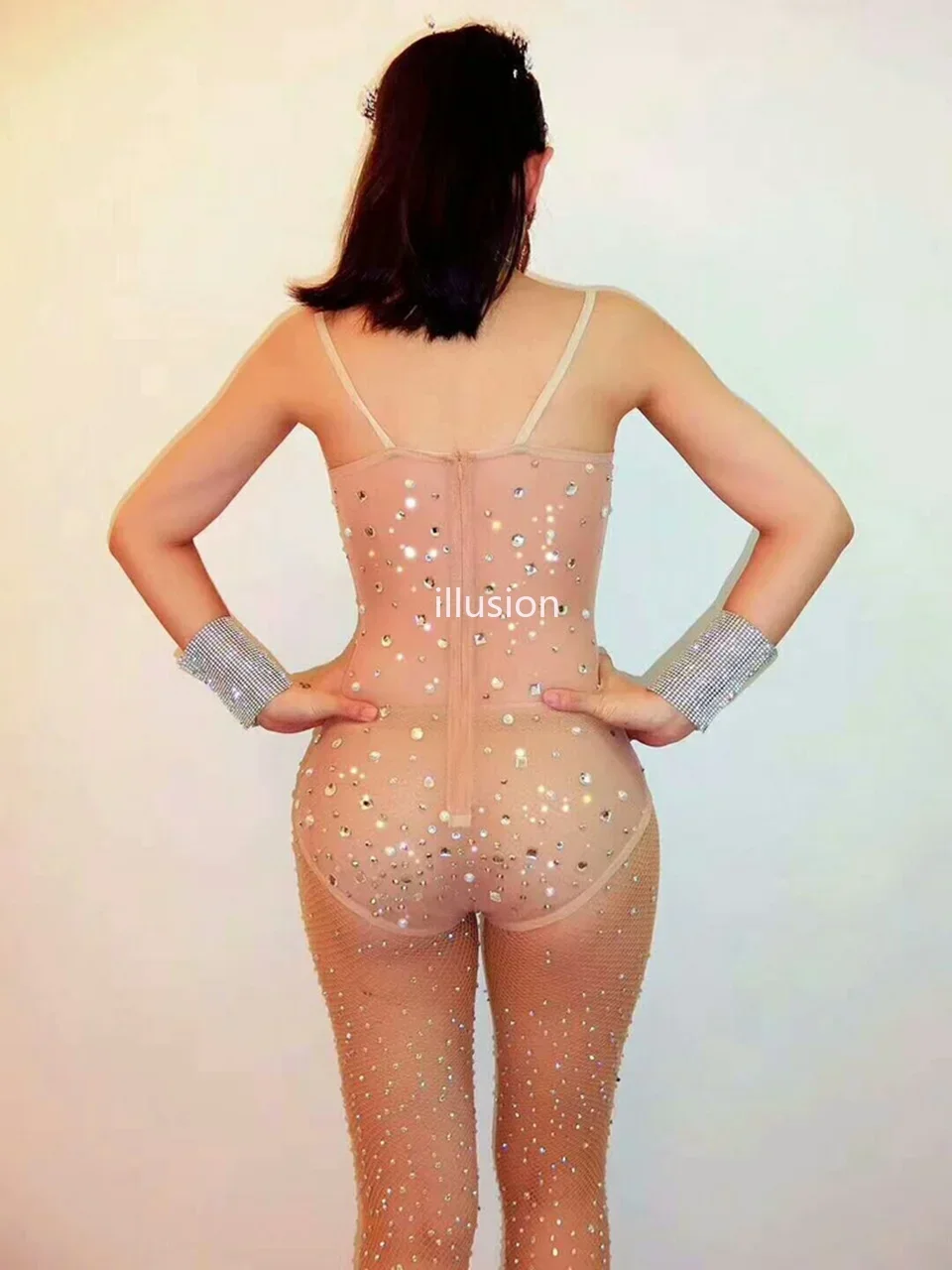 

Sexy V Neck Transparent Mesh Striped Rhinestones Bodysuit Women Singer Stage Performance Costume Luxurious Pearls Dress