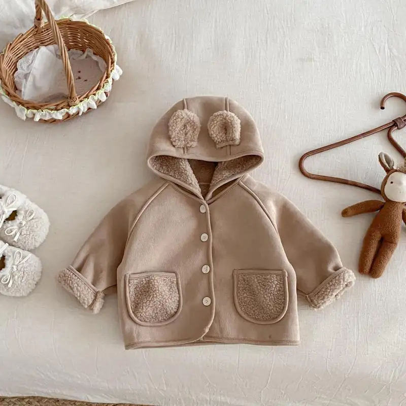 

2025 Winter New Baby Long Sleeve Warm Coat Solid Infant Girls Plus Velvet Thick Bear Hooded Coat Solid Toddler Boys Suede Jacket