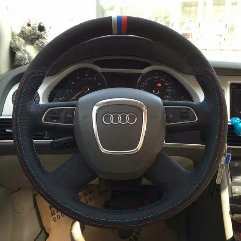 

For Audi A3 8P Sportback A4 B8 Avant A5 8T A6 C6 A8 D3 Q5 8R Q7 Hand-Stitched genuine Leather suede Car Steering Wheel Cover