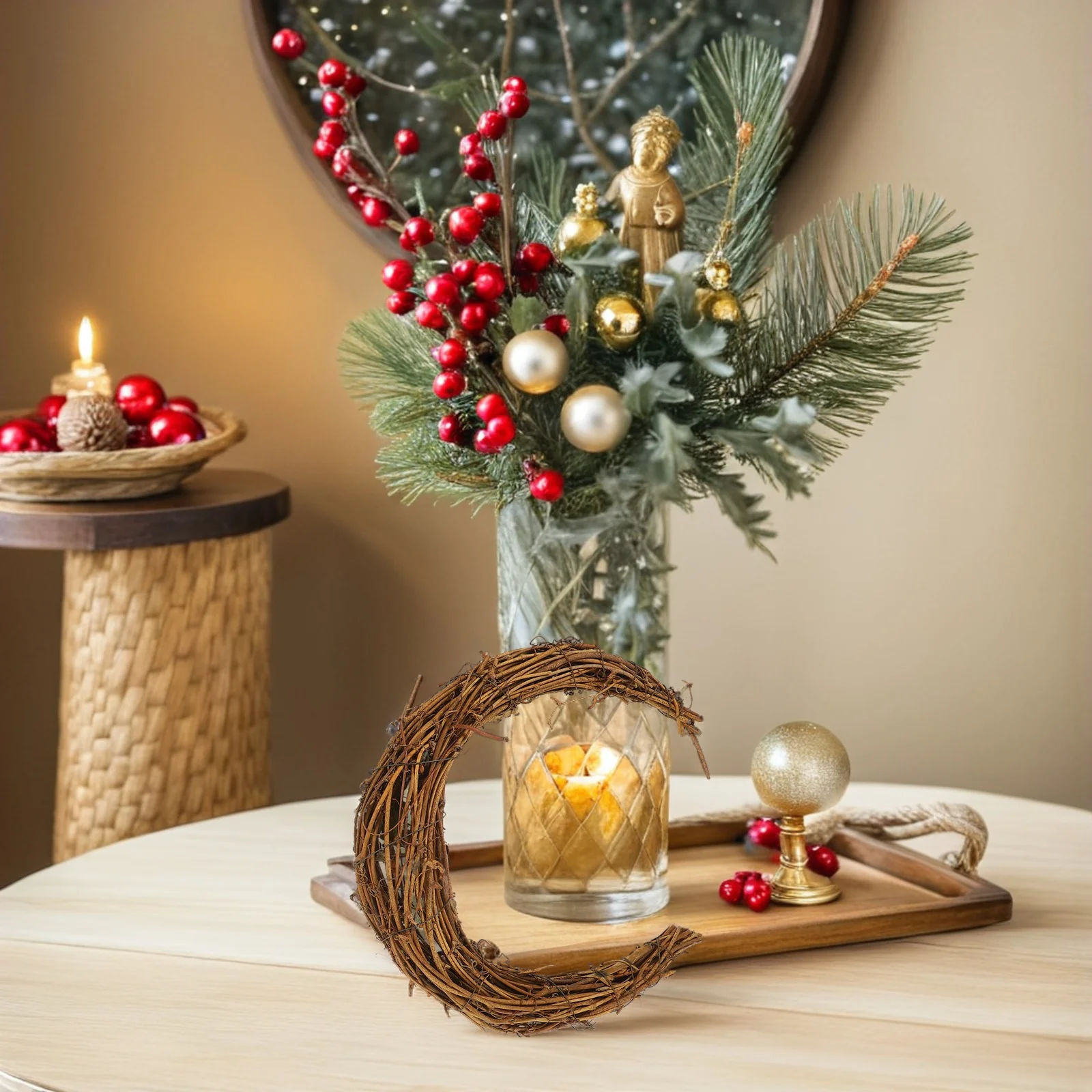 

3pcs Moon Shape Diy Rings Dream Catcher Natural Rattan Floral Wreath Frame Wall Hanging Xmas Wreath Making Ring Handicrafts