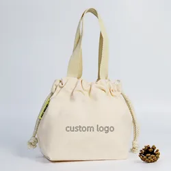 Custom Logo Canvas Lunch Bag Drawstring Picnic Eco-friendly Cotton Small Handbag Lunch Box Food Storage Bag