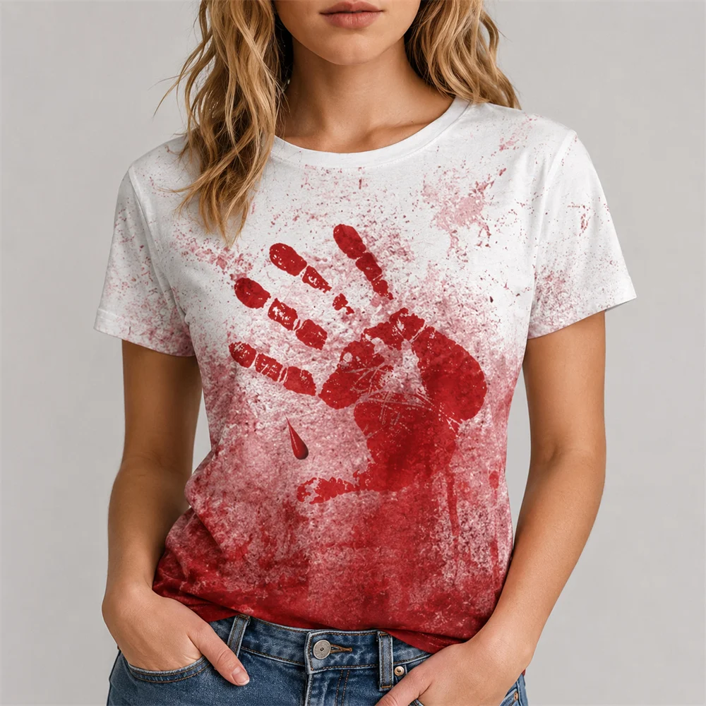 Terrifying Red Handprints Bloodstains T-shirt For Men Women Horror 3D Print Halloween Short Sleeve T Shirts Streetwear Tee Top