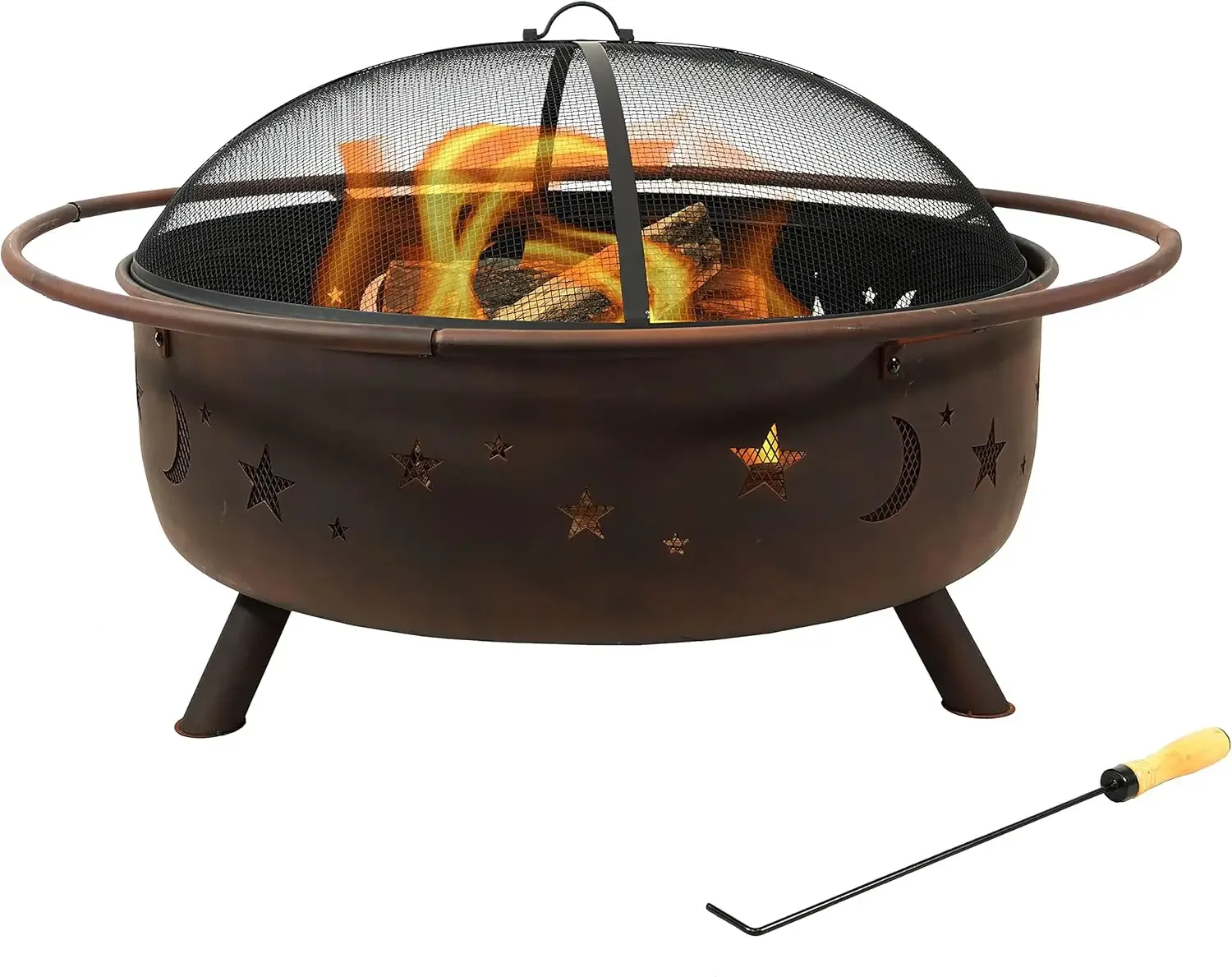 Cosmic 42-Inch Wood-Burning Steel Fire Pit with Round Spark Screen, Poker, and Built-in Grate - Rust Patina