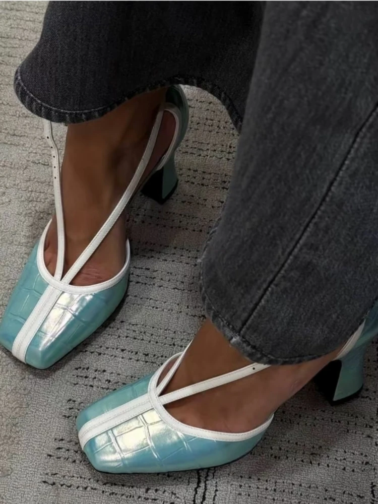 2026 Fashion Luxury Runway Women Single Shoes Pearly Lustre Crocodile Pattern High Heels Square Head Chunky Heel T-strap Sandals