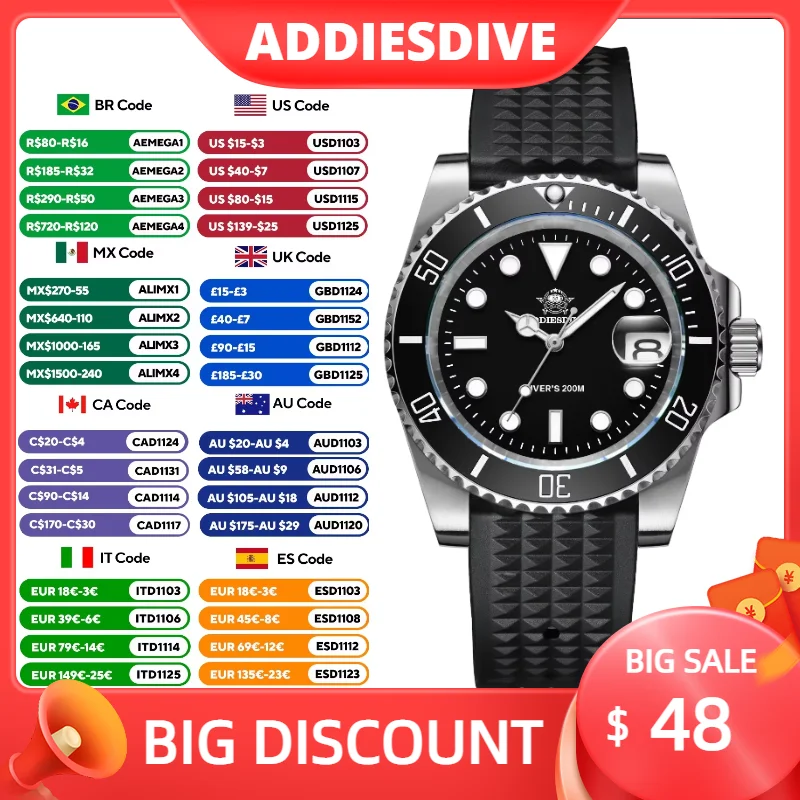 ADDIESDIVE MY-H3-2 Men's Dive Quartz Watch 41mm Fashion Stainless Steel Wristwatch 200M Calendar Display Luminous Watches ForMen
