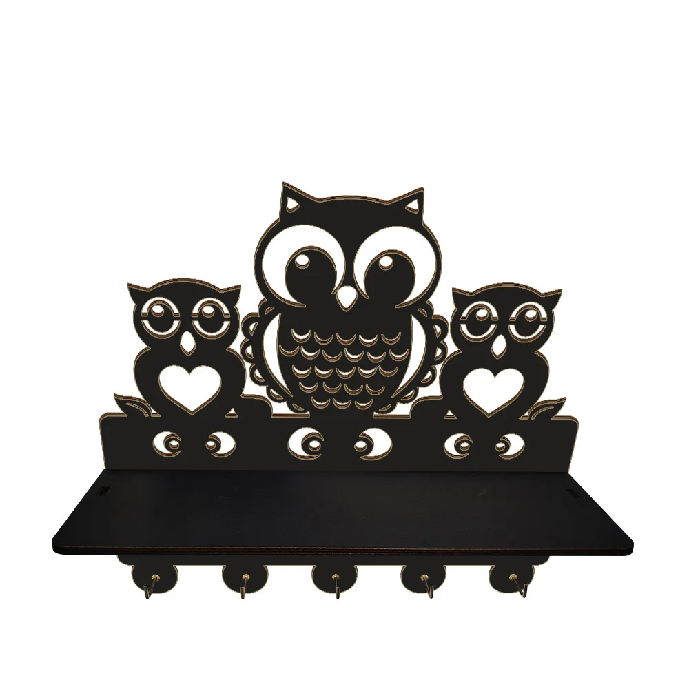 Cartoon Owls Family Wall Mounted 5 Hook Key Holder Entryway Organizer For Home Decor Wooden Owls Wall Mount Coat Rack With Shelf view 4