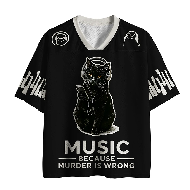 Retro Listening Black Cat Creative Printed Breathable Mesh Top  Small Street Style  Men's and Women's Loose Short Sleeves