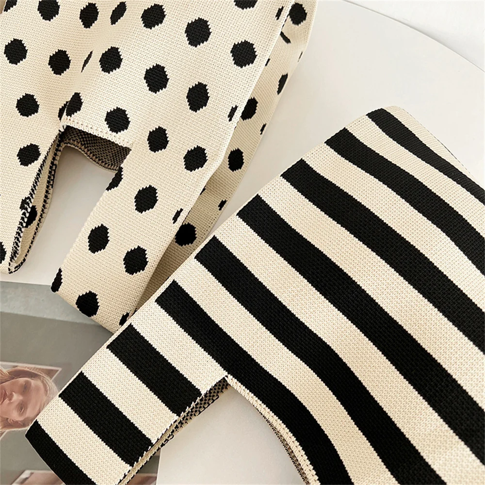 Fashion Polka Dot And Stripe Knitted Handbag Korean Style Trendy Versatile Tote Bag Women Shoulder Bags Small Shopper Handbag