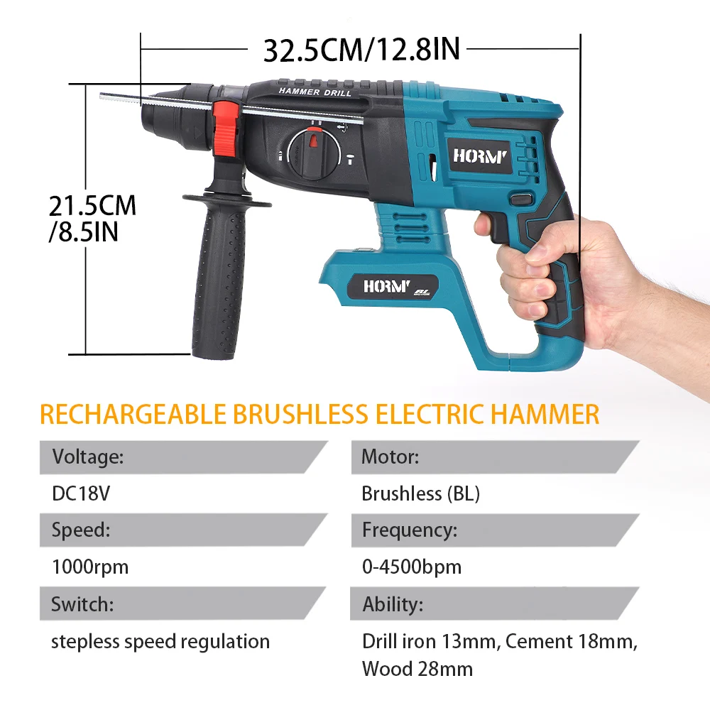 Martillo eléctrico sin escobillas, taladro de impacto rotativo multifuncional inalámbrico, herramientas eléctricas recargables para batería Makita, 20V, 1800rpm