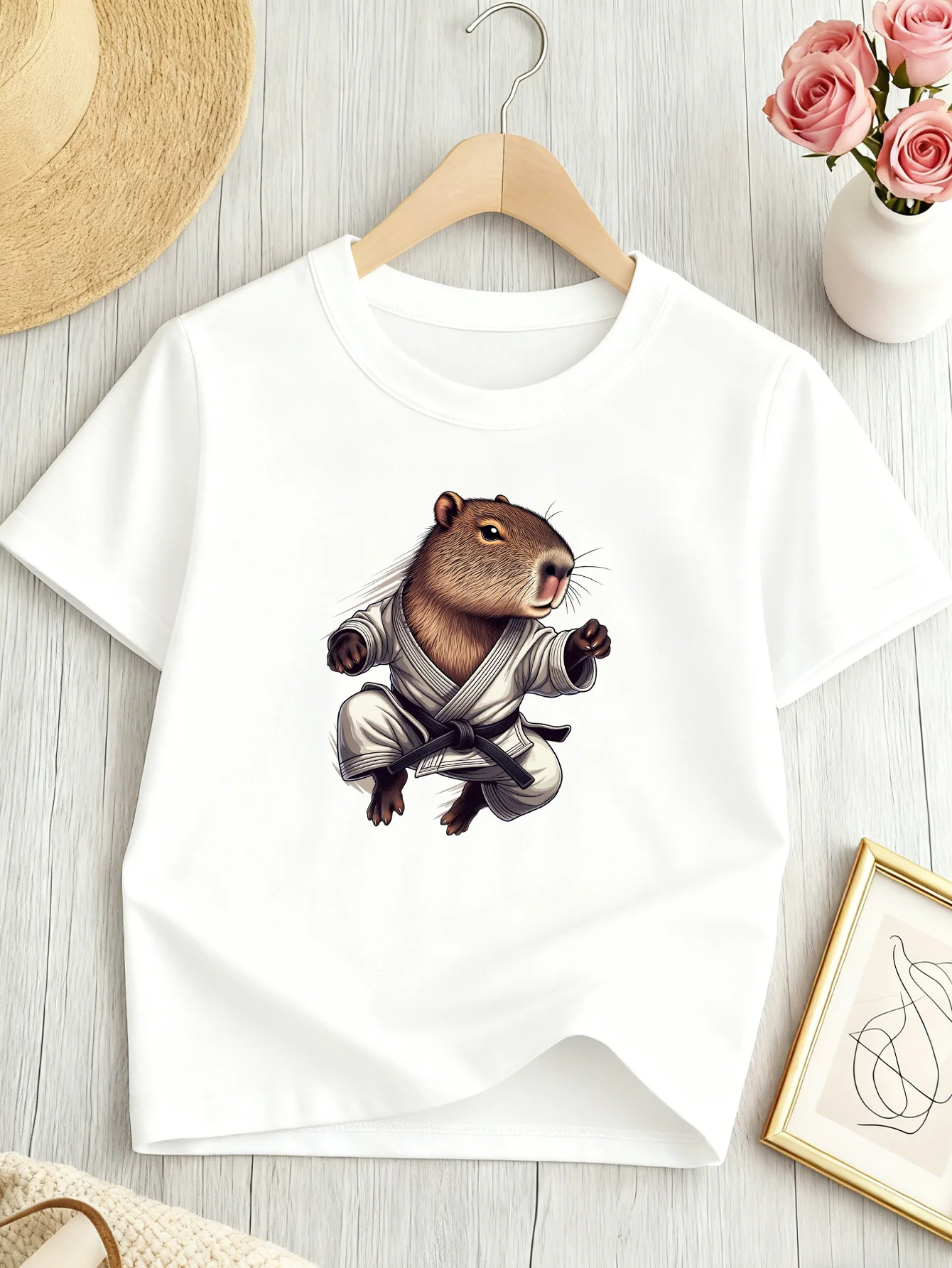 Fighting Capybara Karate Uniform Cute Pet Cartoon Print Kids T Shirt Boys Girls Family Matching Summer Crew Neck Casual Tee